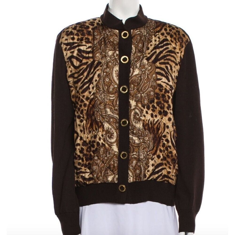 St. John Collection Safari Animal Print Wool Bomber Jacket Medium